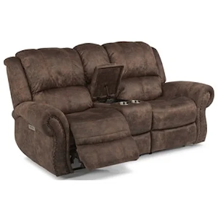 Transitional Power Reclining Love Seat with Power Headrest and Lumbar